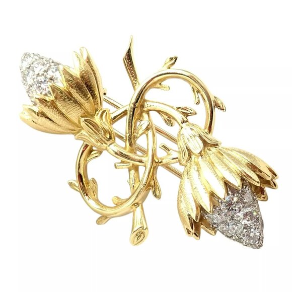 Authentic! Tiffany & Co Schlumberger 18k Yellow Gold Platinum Diamond Pin Brooch - Picture 9 of 14